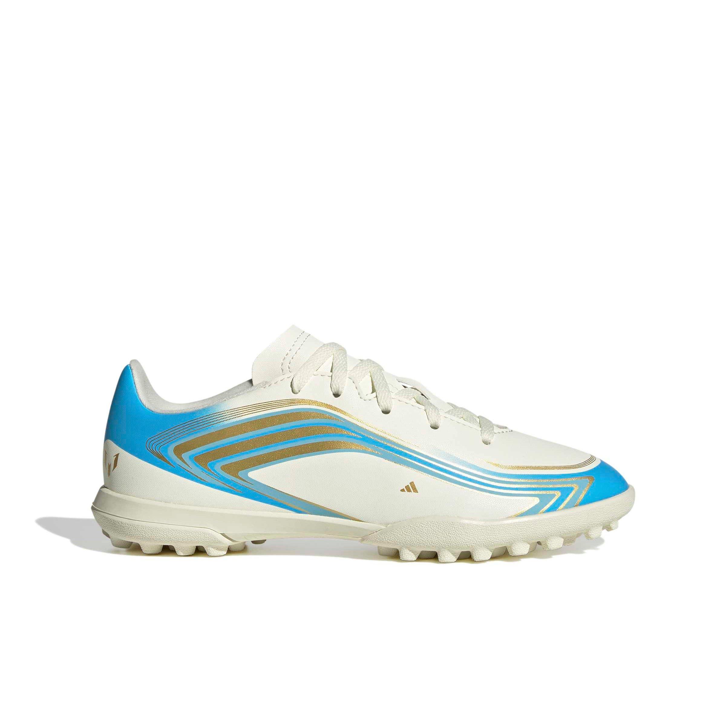 adidas F50 Messi Club Turf "Ivory/Semi Blue Burst/Icey Blue" Grade School Kids' Soccer Shoe - IVORY/BLUE/BLUE